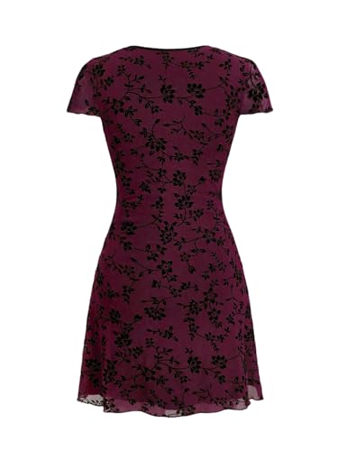 Women's Y2k Floral Print Deep V Neck Short Sleeve Fit and Flare Vintage Mini Dress