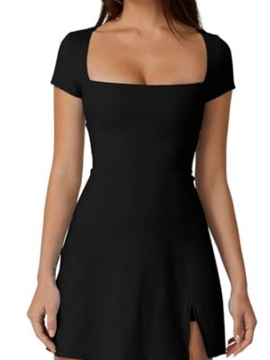 Womens Square Neck Tennis Dress Short Sleeve Built in Shorts Golf Athletic Dress with Pockets