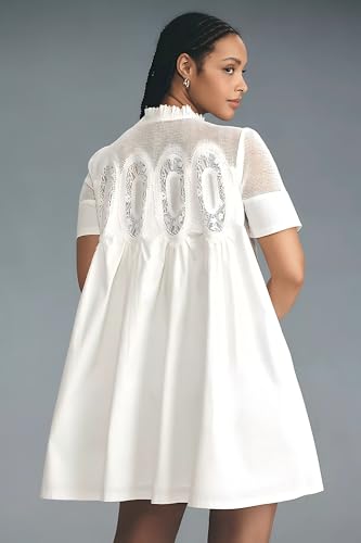 Women Crochet Lace Mini Dress Round Neck Short Sleeve Sheer Mesh Clothing Casual Outfits with Lace Back Design