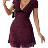 Women's Y2k Floral Print Deep V Neck Short Sleeve Fit and Flare Vintage Mini Dress
