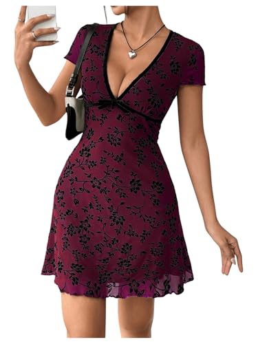 Women's Y2k Floral Print Deep V Neck Short Sleeve Fit and Flare Vintage Mini Dress