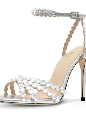 Rhinestone High Heels Stiletos Heels for Women Strappy Buckle Heels Round Toe Sexy Dressy Pumps Sandals