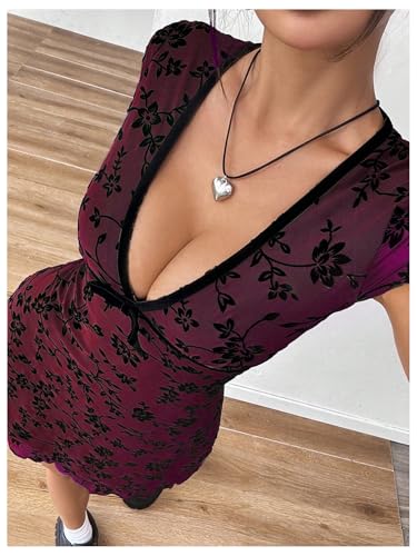 Women's Y2k Floral Print Deep V Neck Short Sleeve Fit and Flare Vintage Mini Dress