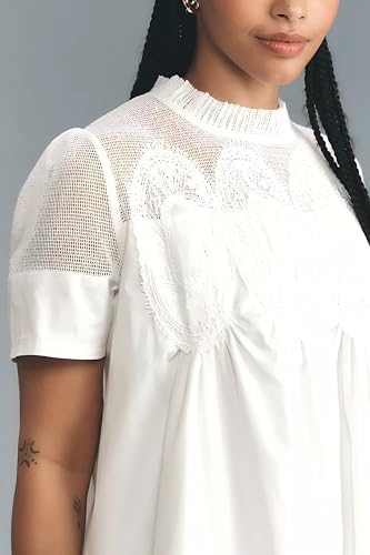Women Crochet Lace Mini Dress Round Neck Short Sleeve Sheer Mesh Clothing Casual Outfits with Lace Back Design