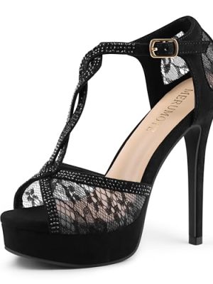 Women's Peep Toe Platform 5 inch Stiletto Heels Ankle Strap Lace Heels Sexy Prom Shoes