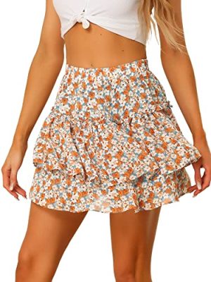 Women's 2023 Floral Tiered Ruffle Skirts Cute Summer Flowy Chiffon Mini Skirt