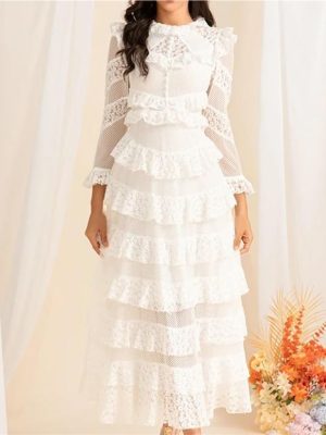 Women's White Lace Long Dress Elegant Ruffled Waist Long Sleeve Slim Fit Party Dress