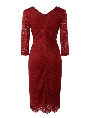 Red Elegant Lace Office Ladies Pencil Dress Vintage Women's V-Neck 3/4 Long Sleeve Slim Tight Dress(Large)