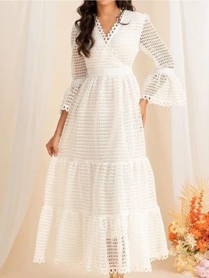 Women's White Hollow Lace Splicing Big Swing Dress Casual Flowy Beach Vacation Maxi Dresses