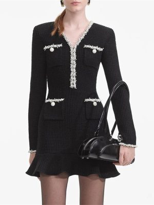 Women's Slimming Patchwork Mini Dress - V-Neck Long Sleeve High Waist Spring Pocket Dress