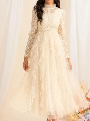 Vintage Inspired Long Sleeve Dress Women's Elegant Stand Collar Lace Long Skirt Gold Polka Dot Casual Flowing Long Gown