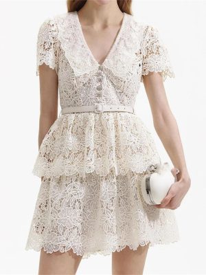 Women's Slimming Embroidery Dress - V-Neck Short Sleeve High Waist Belted Spring Dress